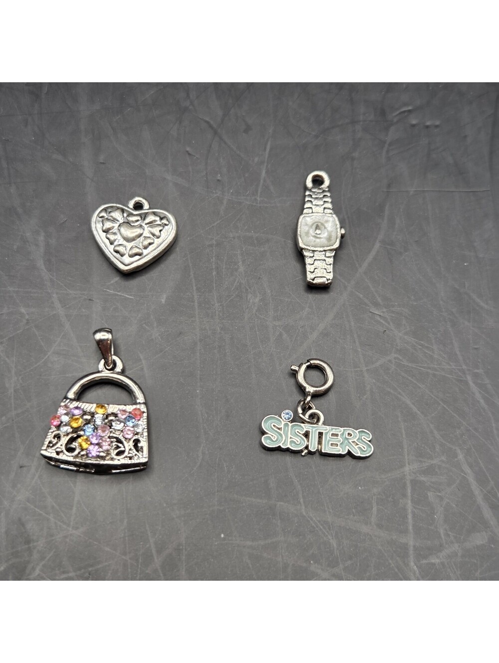 Silver Toned Charms Lot Of 4 Watch, Sisters, Purse,  Heart.  Vintage Beautiful
